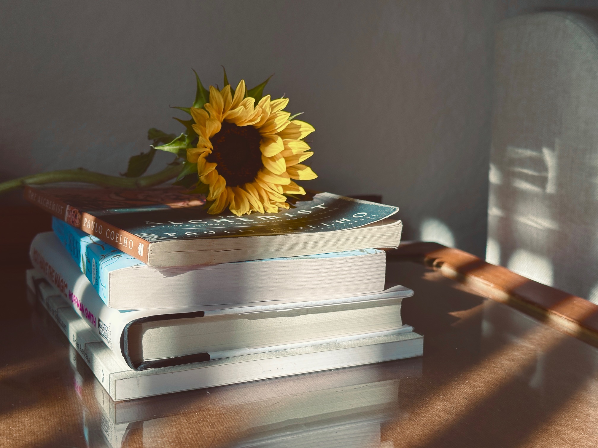 a sunflower on a stack of books